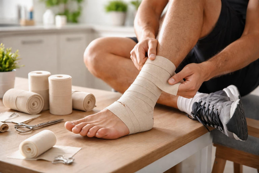 Athlete applying elastic bandage to ankle for support