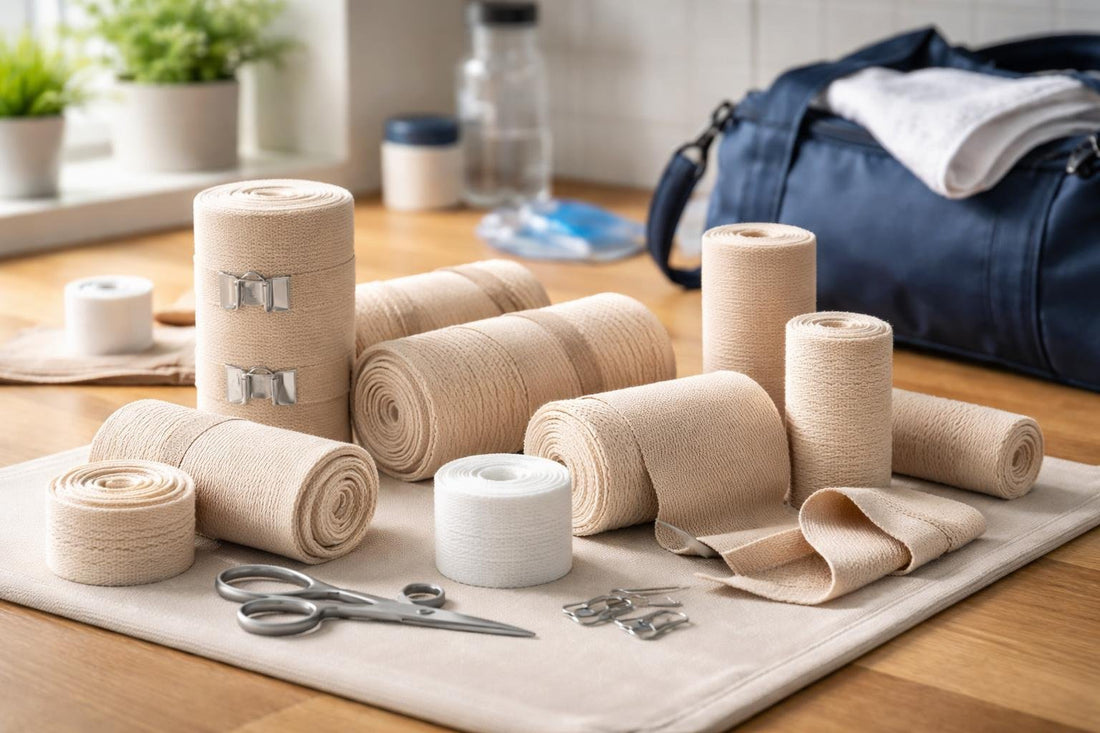 selection of elastic bandages and sports wraps
