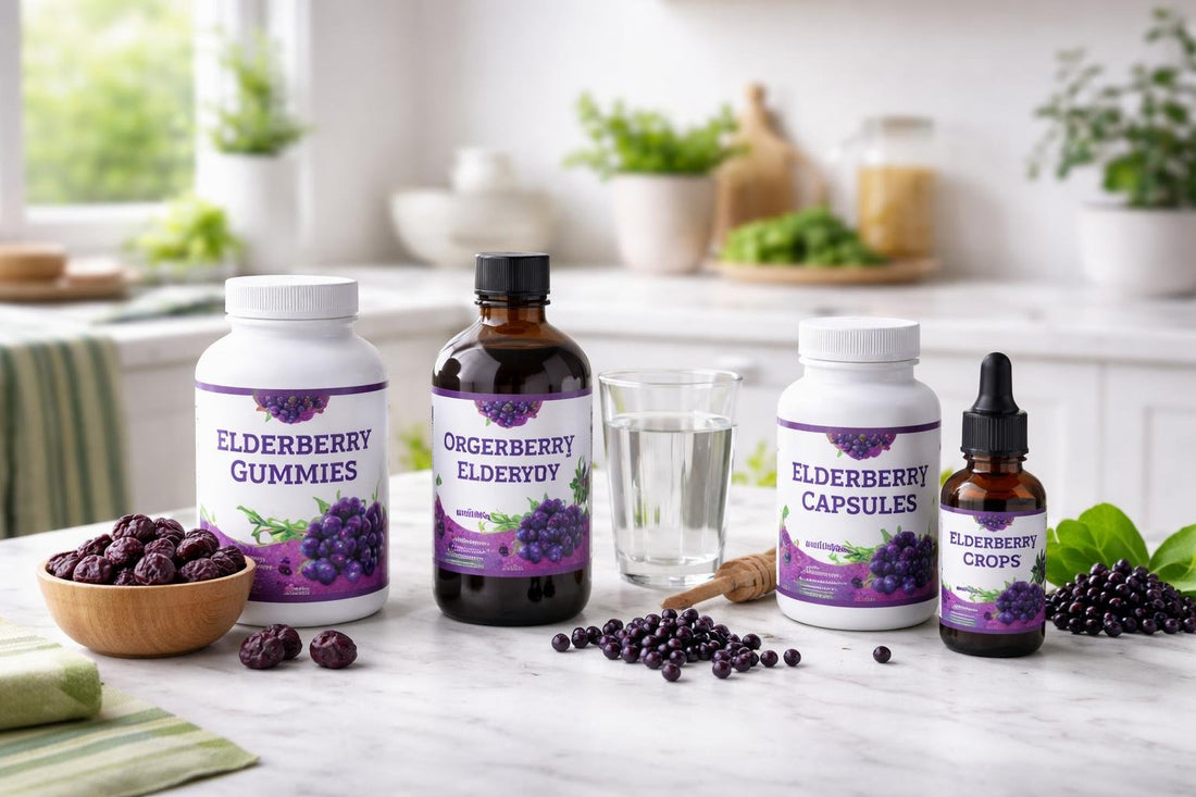 Elderberry supplements in various formats for families