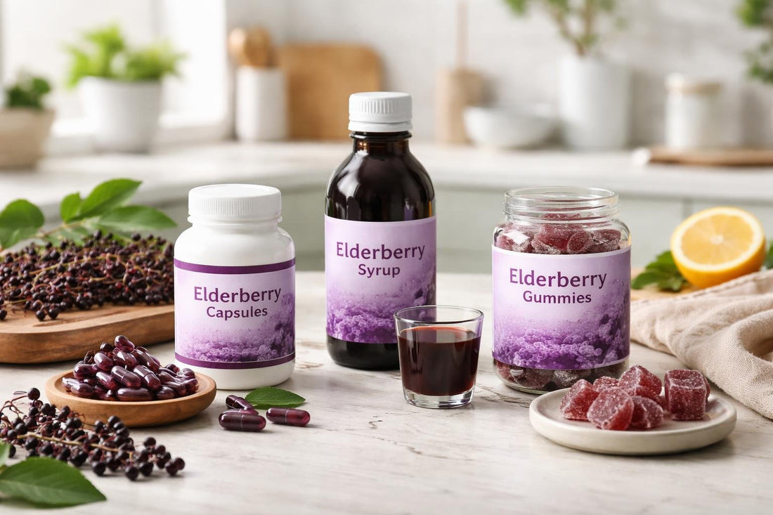 Elderberry supplements for beginners with capsules, syrup and gummies