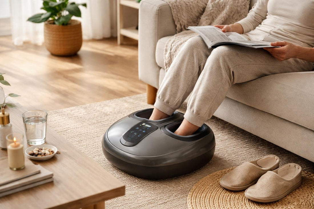 Person using electric foot massager at home safely