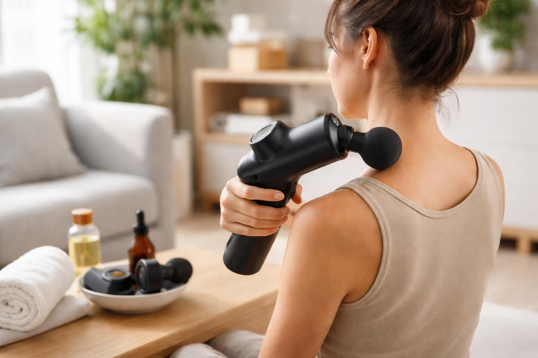 Electric massager used safely on shoulder muscles at home