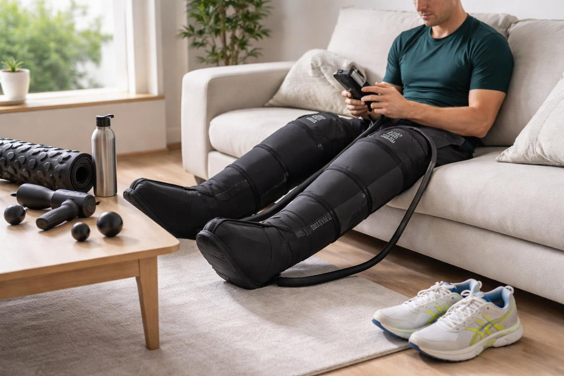 Runner using electric massager for calf recovery