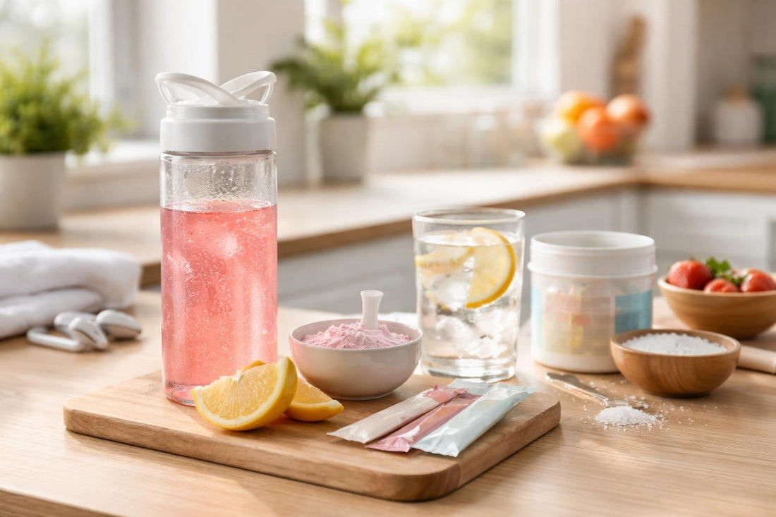 Electrolyte drink mix in bottle for hot day workouts