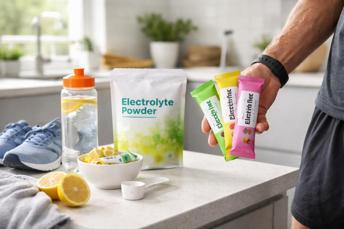 Runner holding electrolyte drink powder sachets