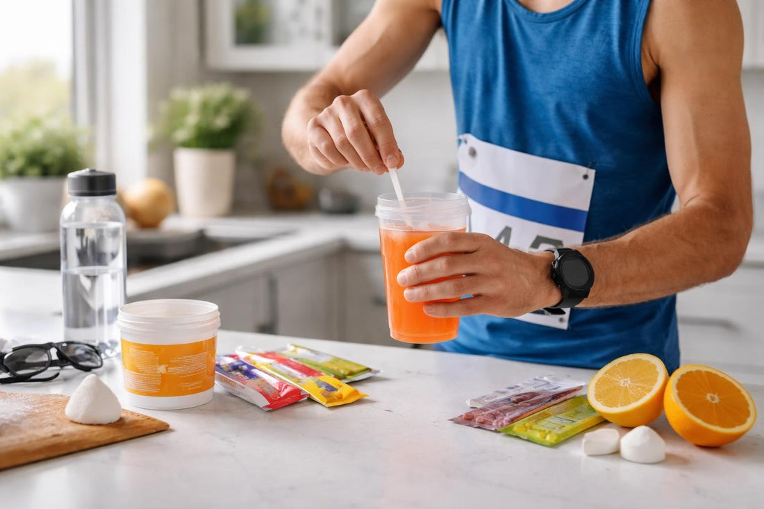 UK marathon runner checking electrolyte drink mix