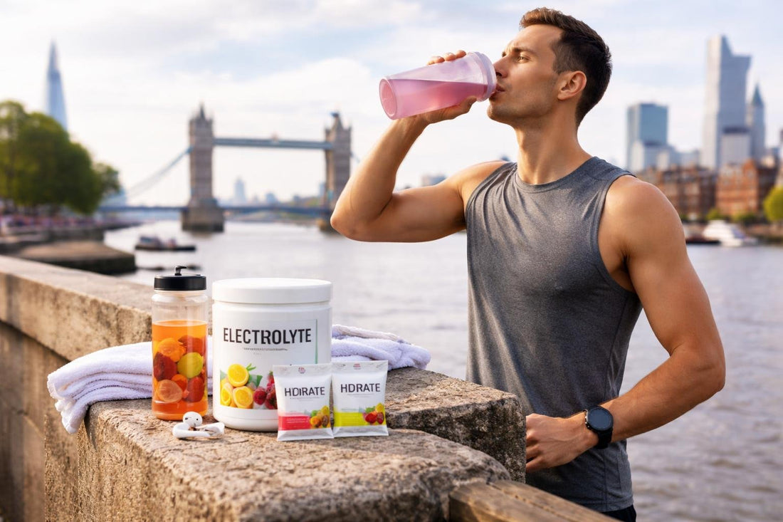 Runner drinking electrolyte recovery drink in London