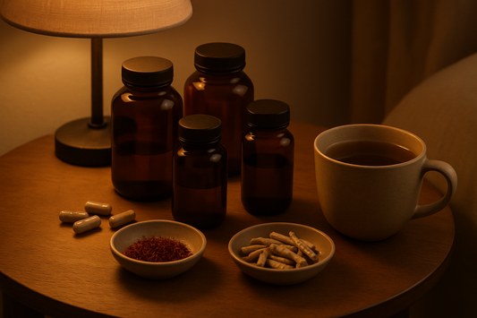 Capsules and herbal supplement bottles arranged on a calm evening table beside a cup of tea