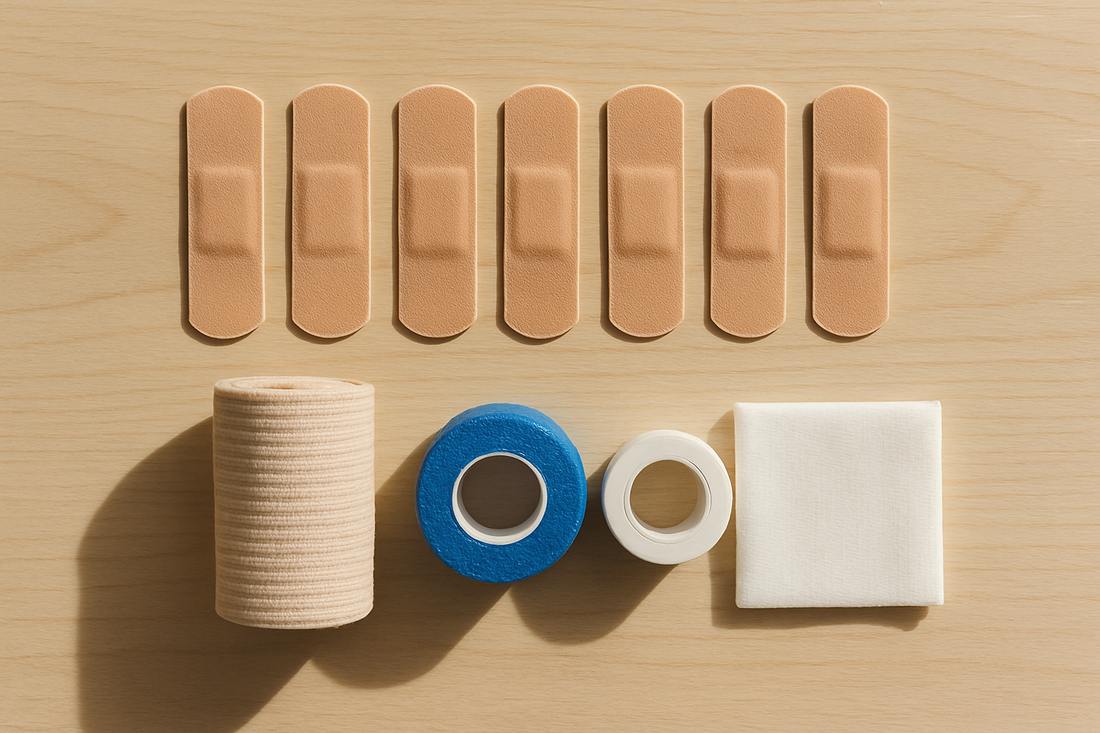 Fabric plasters, a rolled elastic crepe bandage, cohesive bandage and first aid tape arranged side by side