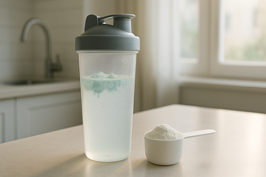 Shaker bottle of BCAA powder with clumps floating on the water surface next to a scoop
