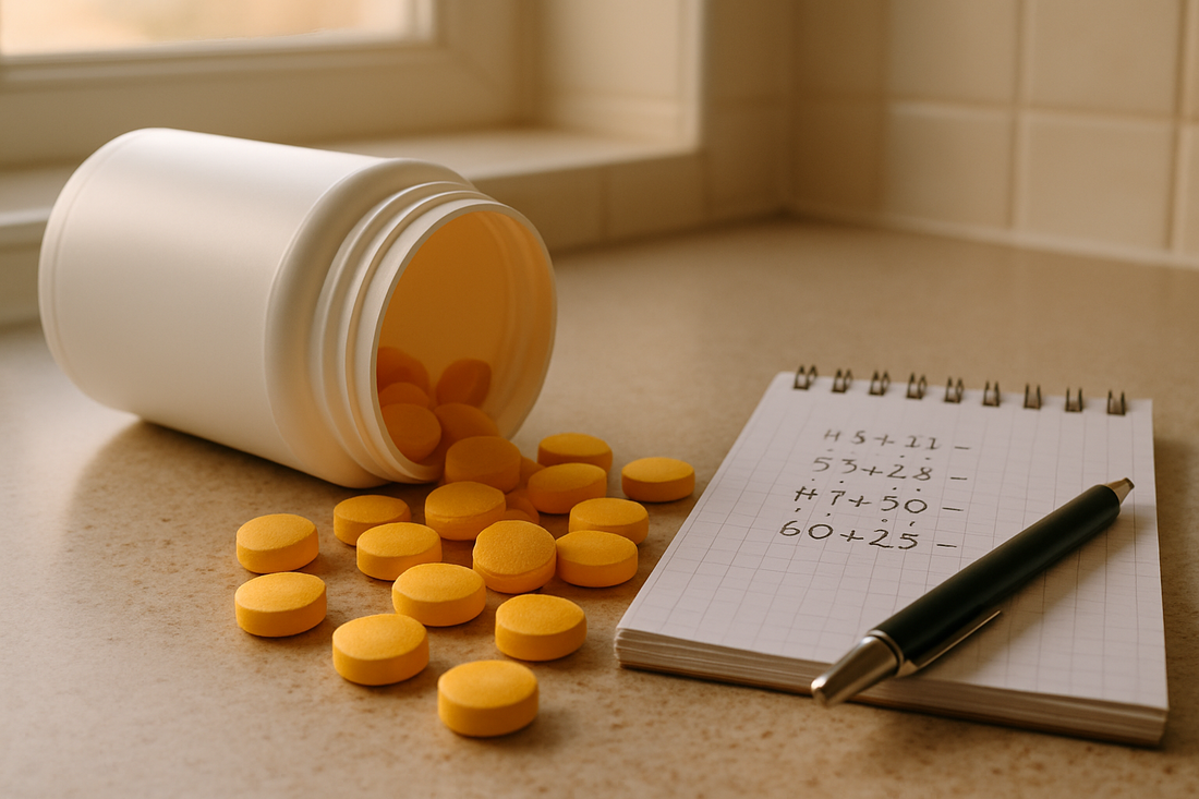 Yellow riboflavin tablets beside a supplement tub and a notepad showing cost-per-day calculations