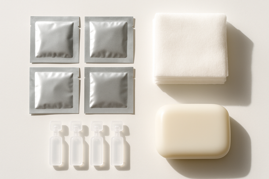 Individually wrapped alcohol prep pads, alcohol-free cleansing wipes and saline pods laid out on a clean surface