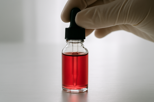 Dropper bottle of ruby-red colloidal gold suspension held up to the light on a laboratory-style surface