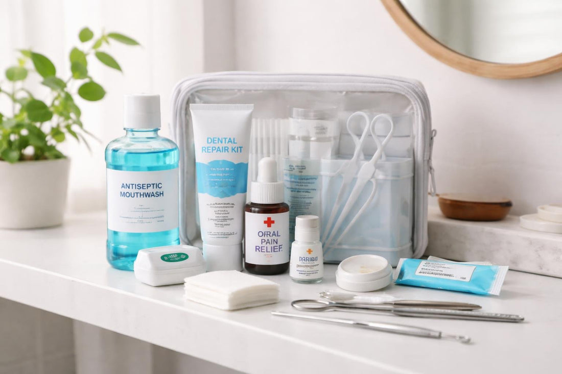 Home emergency dental care products kit on bathroom shelf