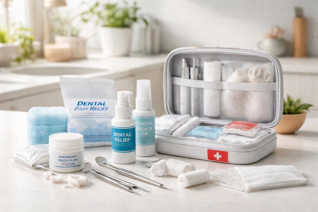 compact emergency dental kit with sprays and temporary filling