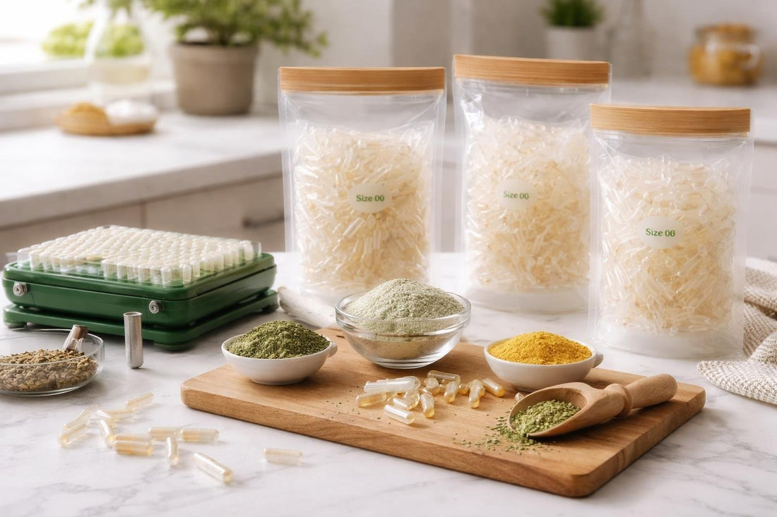 Various gelatin capsule sizes and tools for filling