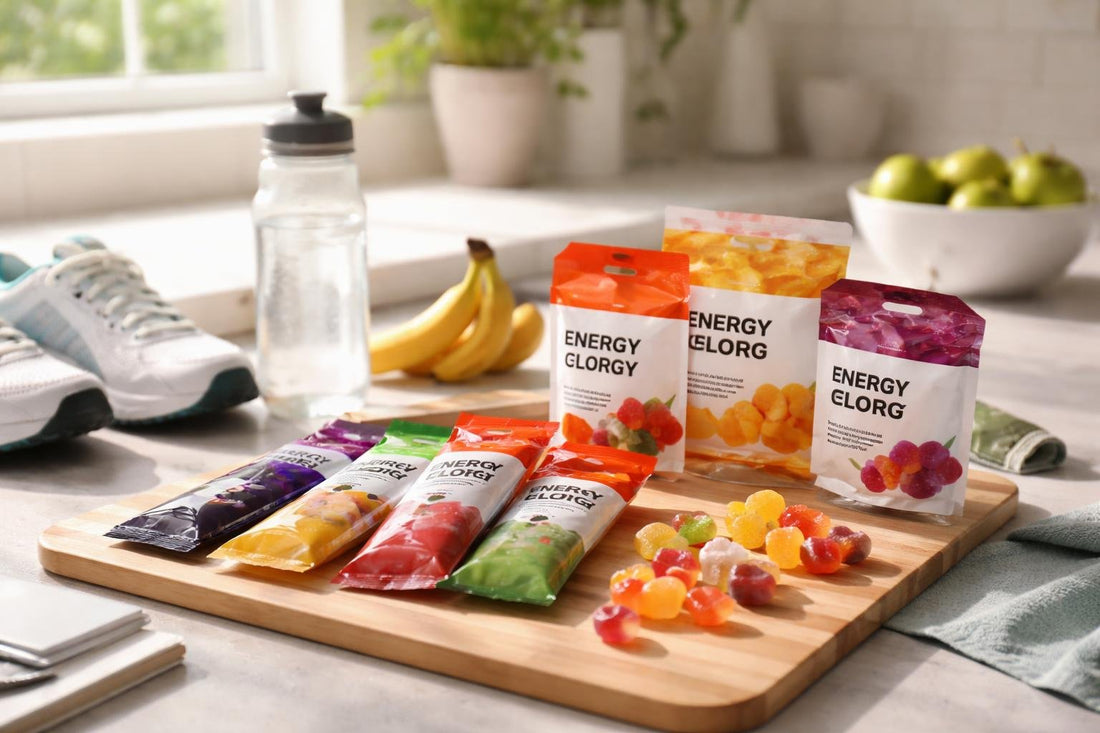 Endurance energy gels and chews laid out on table