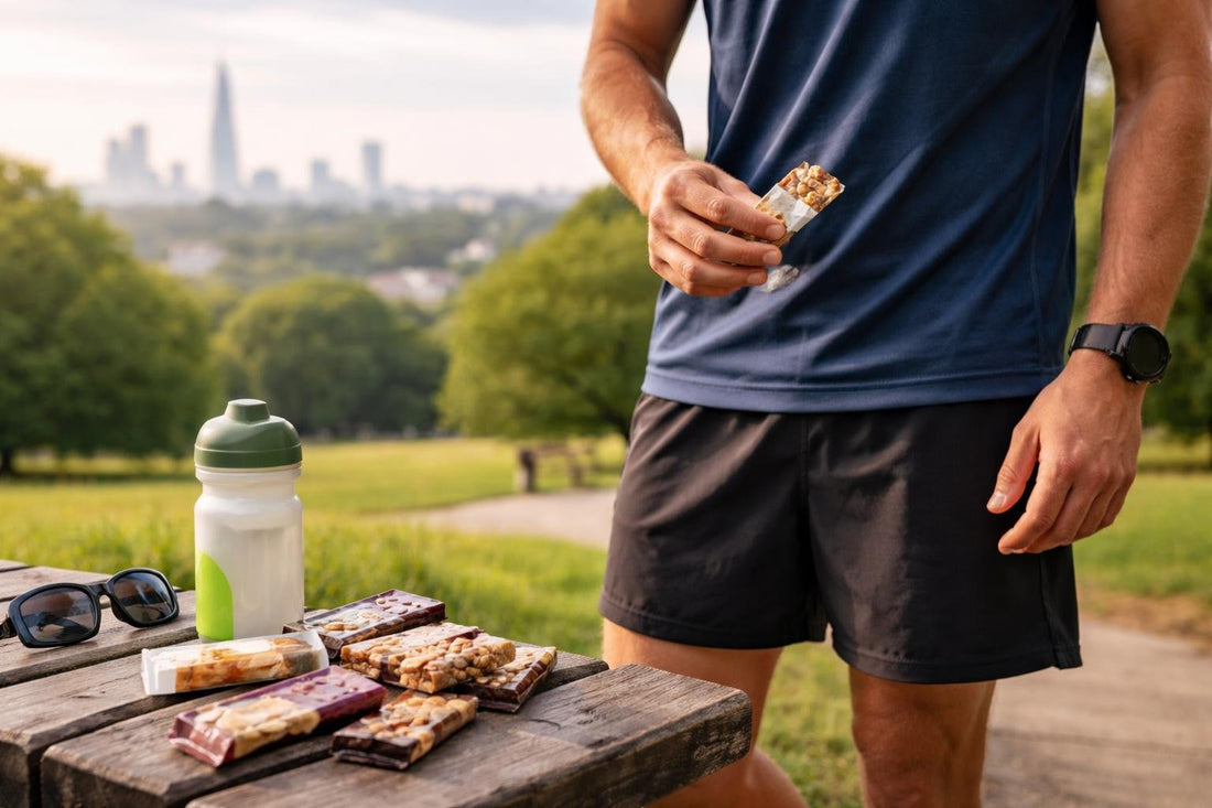London runner holding endurance energy nutrition bar