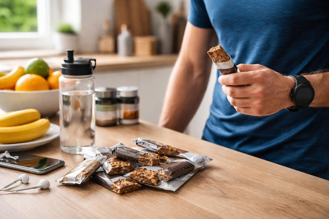 Runner holding endurance energy nutrition food bar