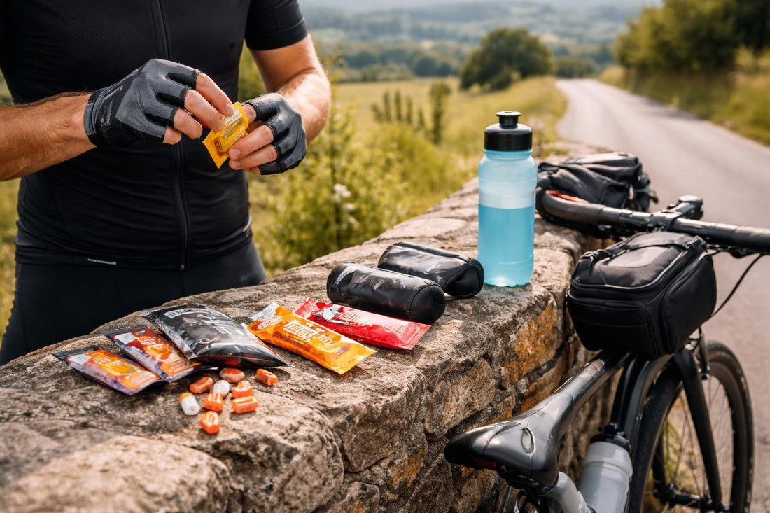 Cyclist using endurance energy gels on long ride