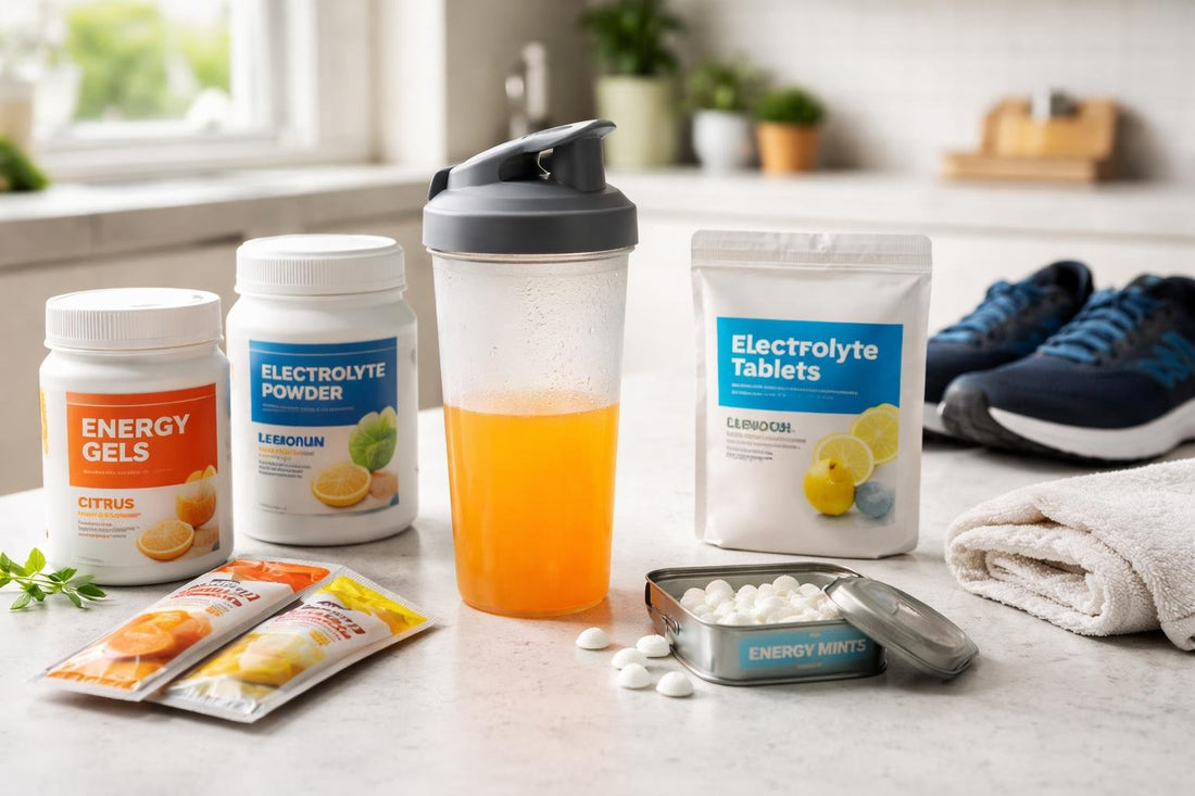 Runner using endurance drink and energy mints for marathon fuel