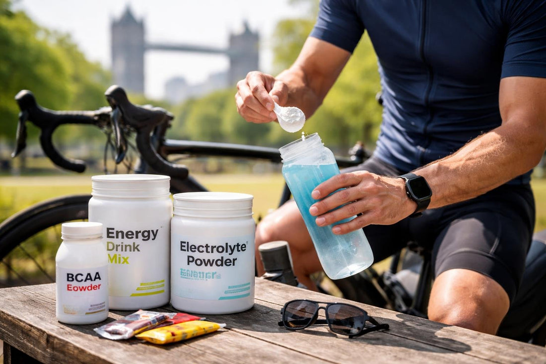 Cyclist mixing endurance and energy powder outdoors