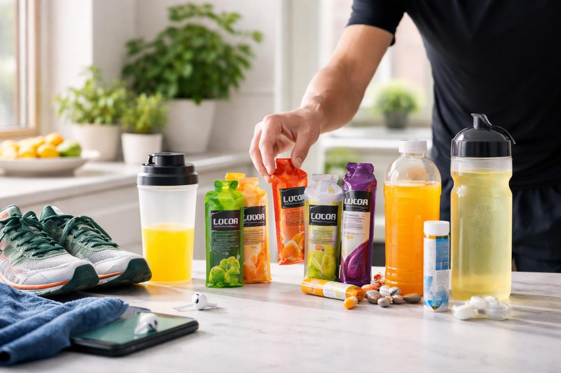 Runner refuelling with energy gels and drinks