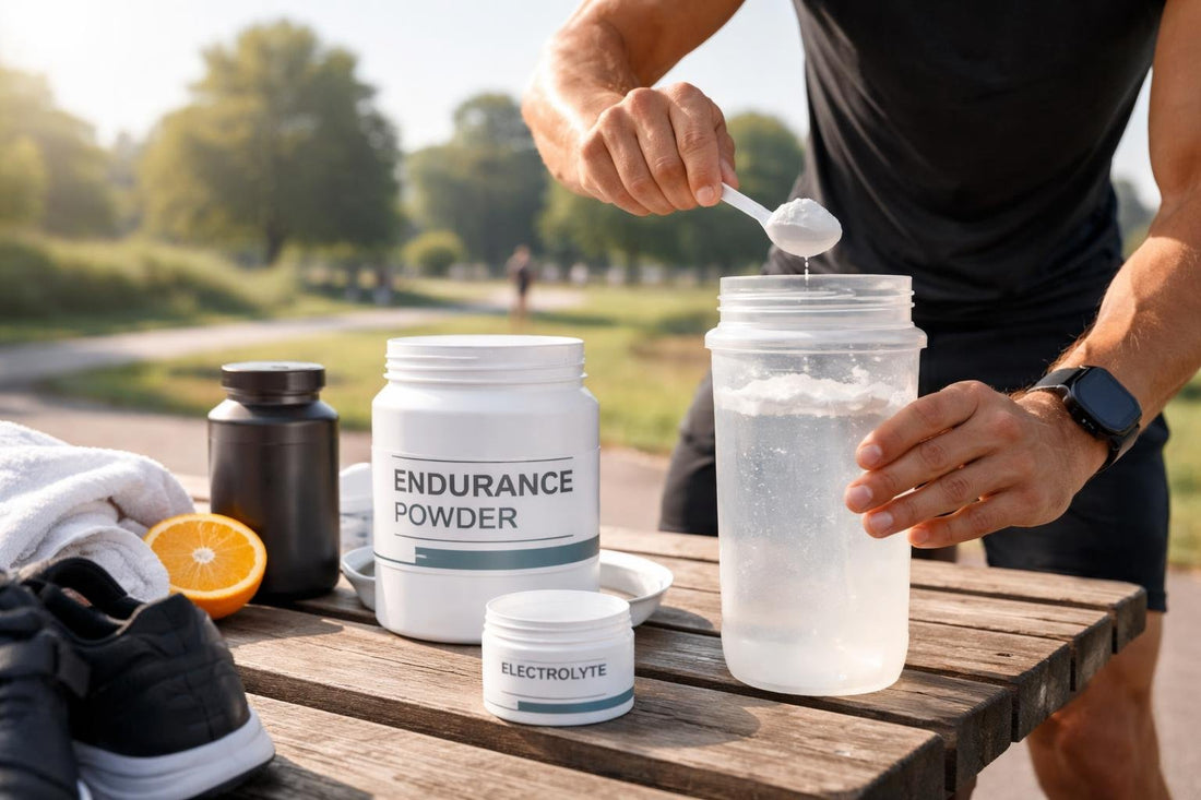 Runner mixing endurance powder in a bottle outdoors