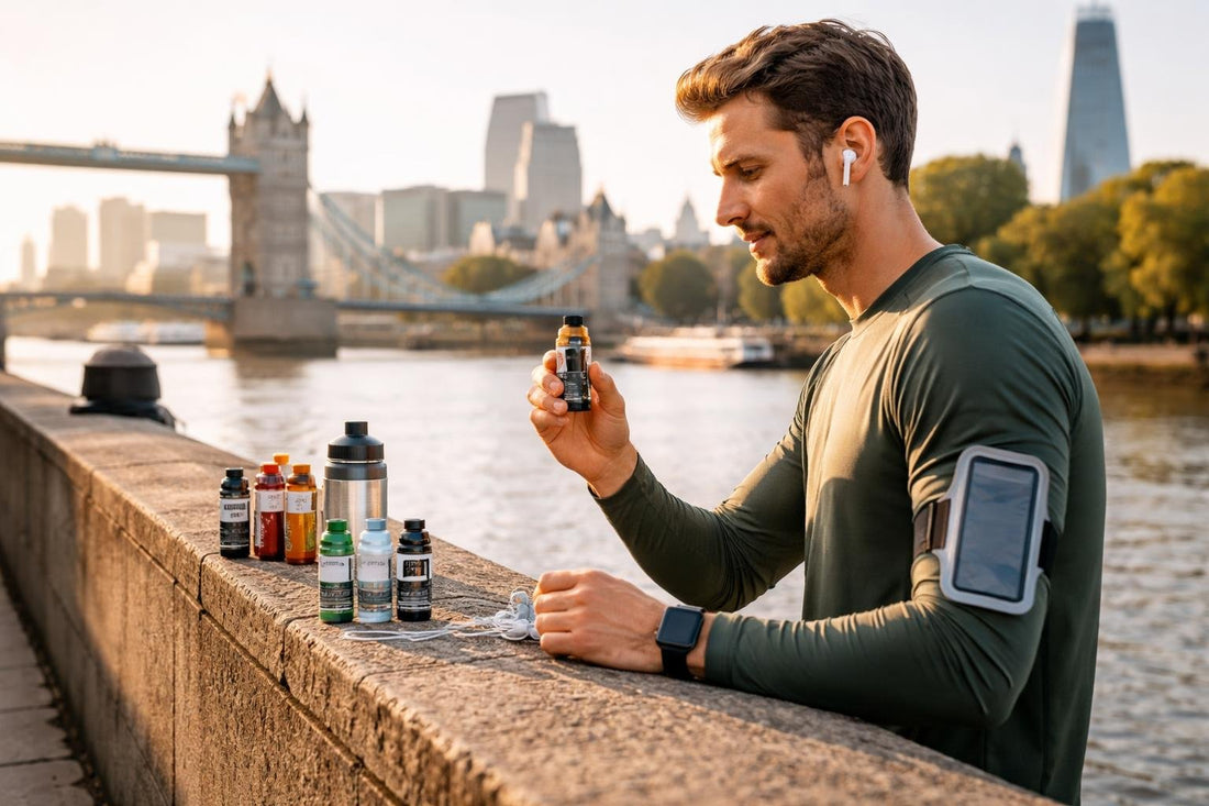 London runner holding energy shot near river Thames