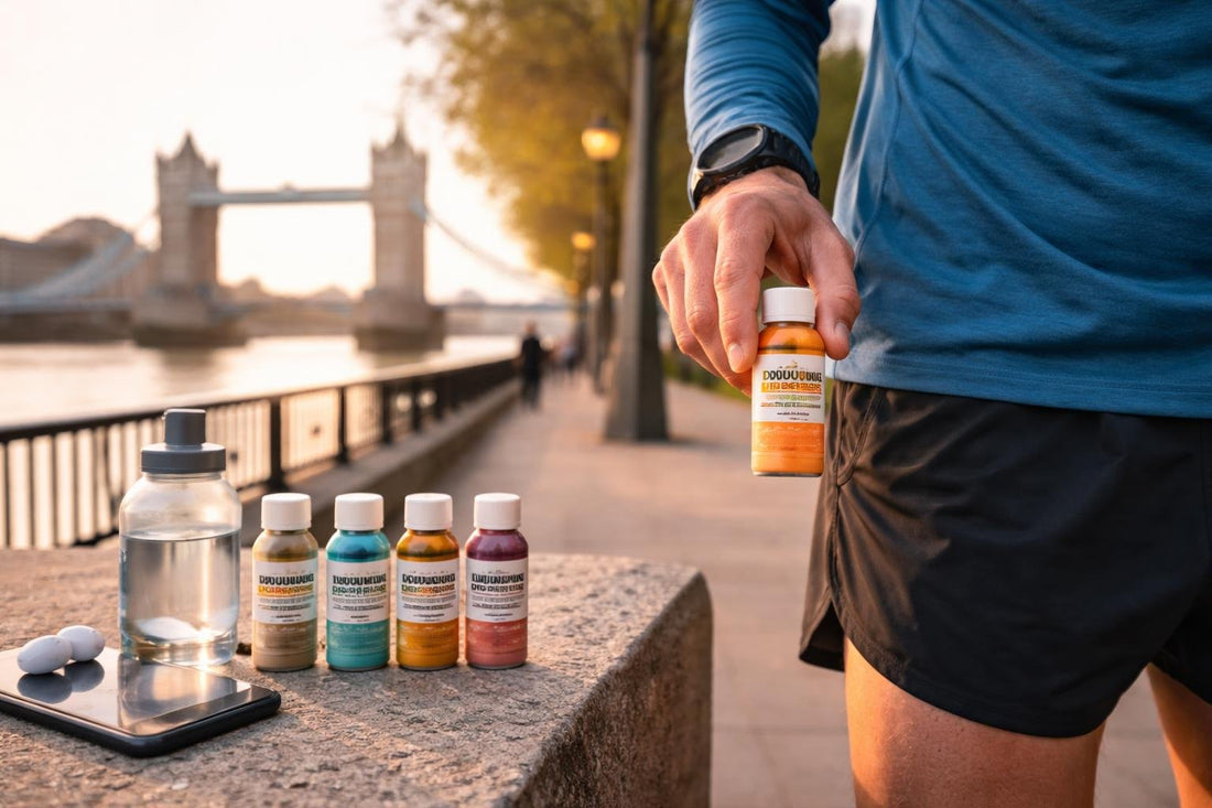 Runner holding endurance energy shot during London training