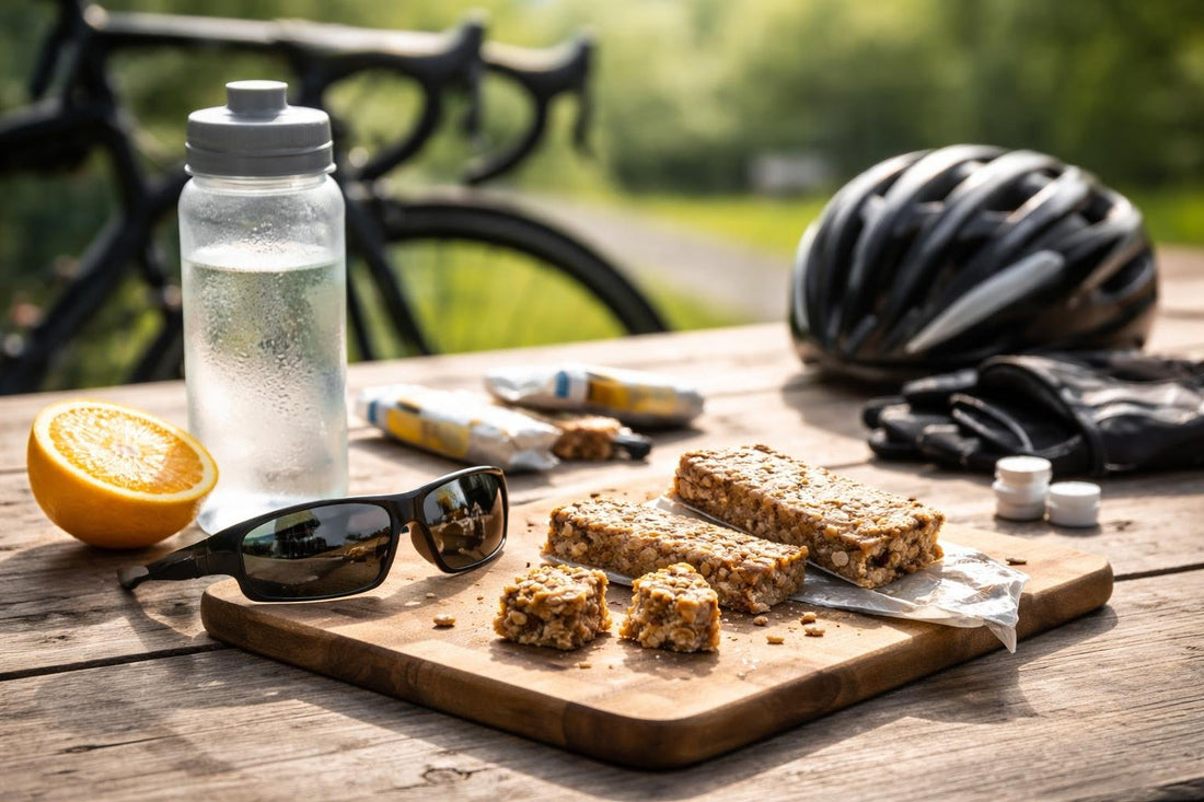 Energy food bar bites and water during a long ride
