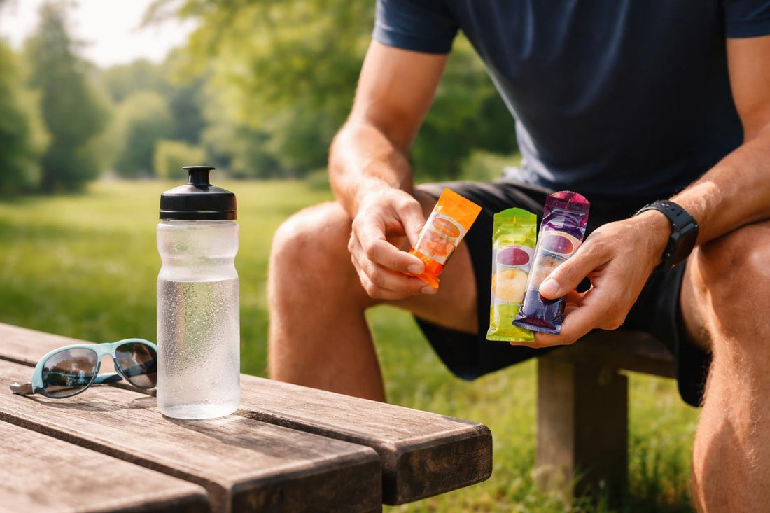 Runner holding energy gels and chews during long run