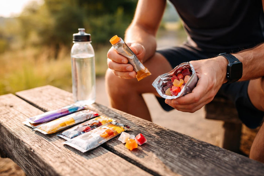 Runner holding energy gel and chews on long run