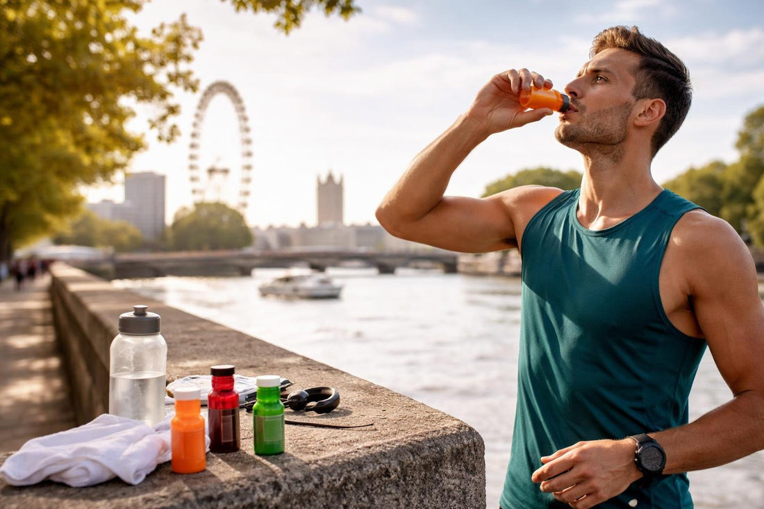 Runner using energy shot during London marathon training