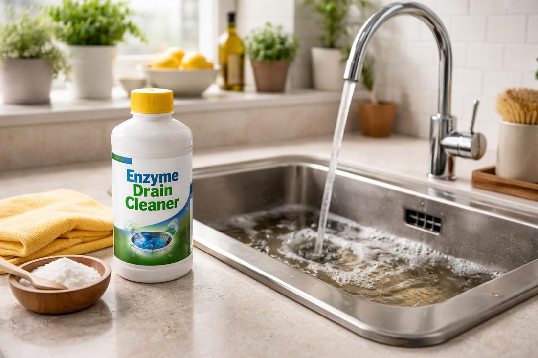 Enzyme drain cleaner bottle and kitchen sink