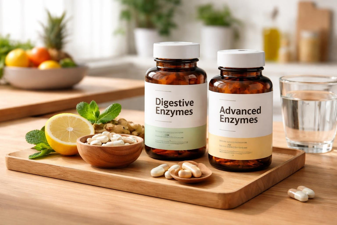 bottles of digestive enzyme supplements on wooden table