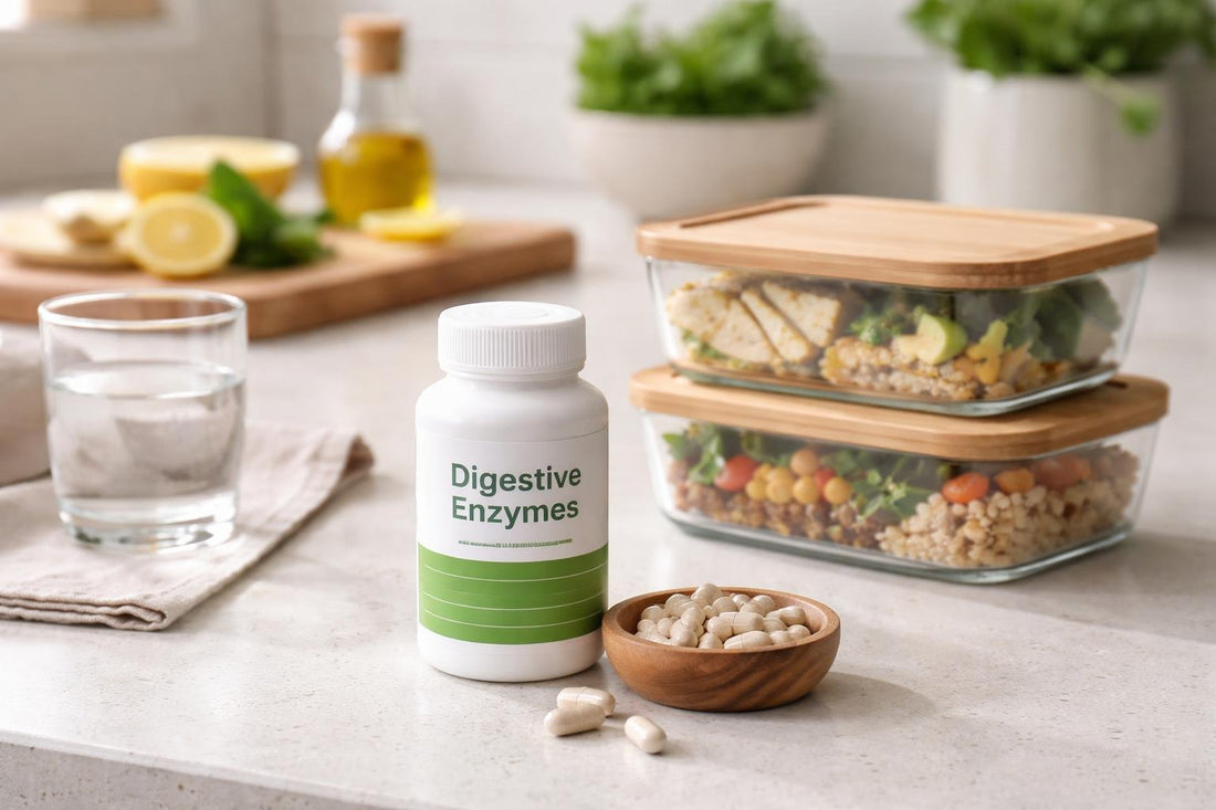 Digestive enzyme capsules beside meal prep containers