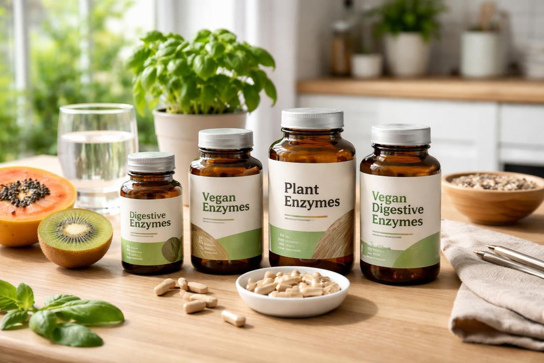 Vegan enzyme supplements selection on wooden table