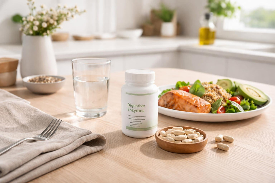 Enzyme capsules beside a balanced meal on table