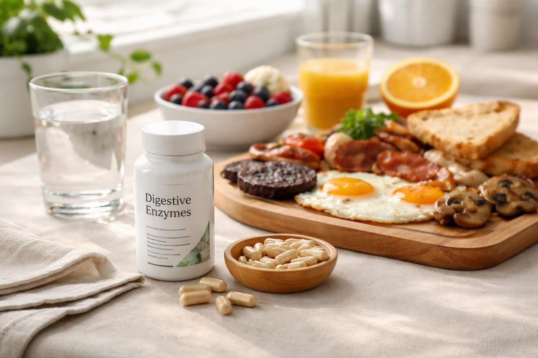 Enzyme capsules beside Scottish breakfast foods on table