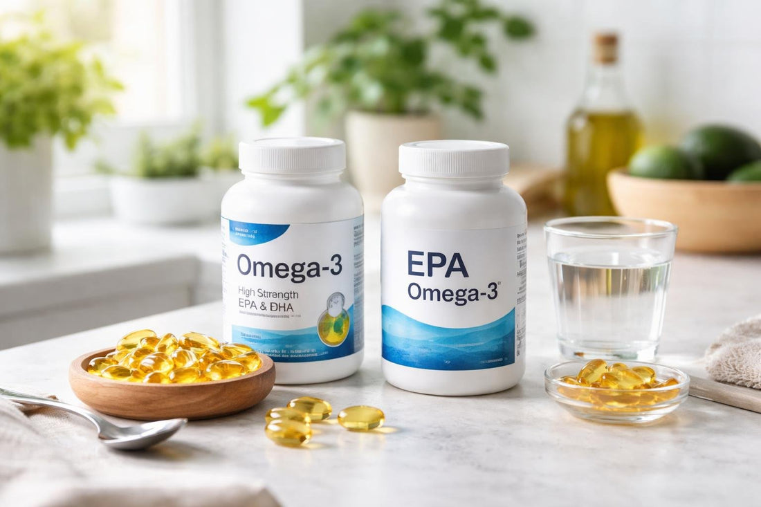 EPA omega-3 supplement bottles and capsules