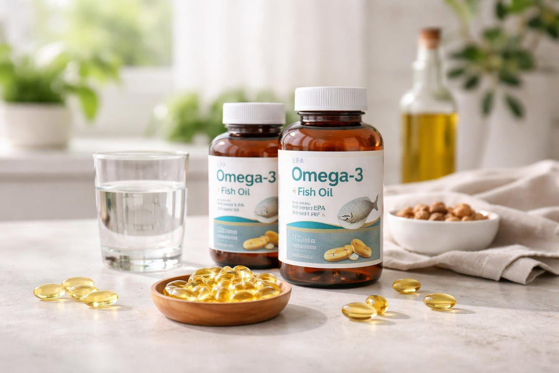 EPA Omega 3 soft gels and bottles on table