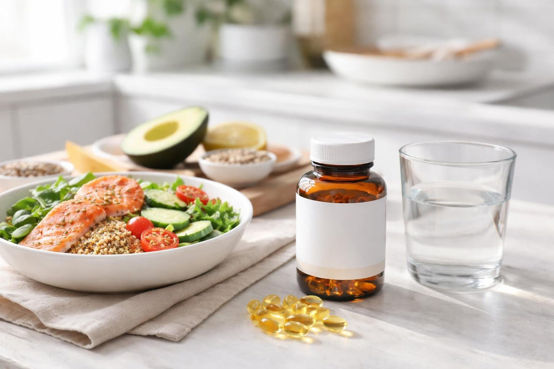 Essential fatty acid complex capsules beside a balanced meal