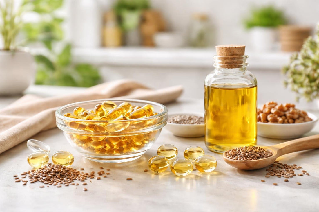 Essential fatty acid supplements capsules beside flax and fish oil