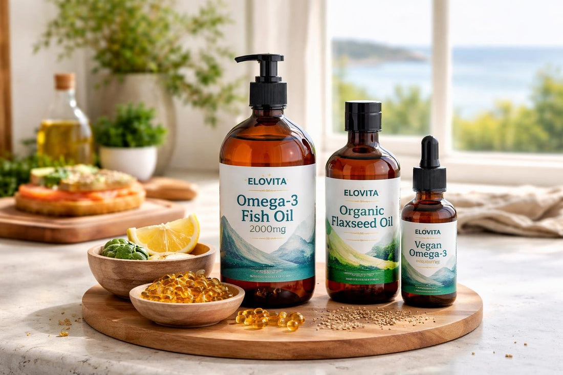 Essential Fatty Acids and Oils bottles on kitchen counter