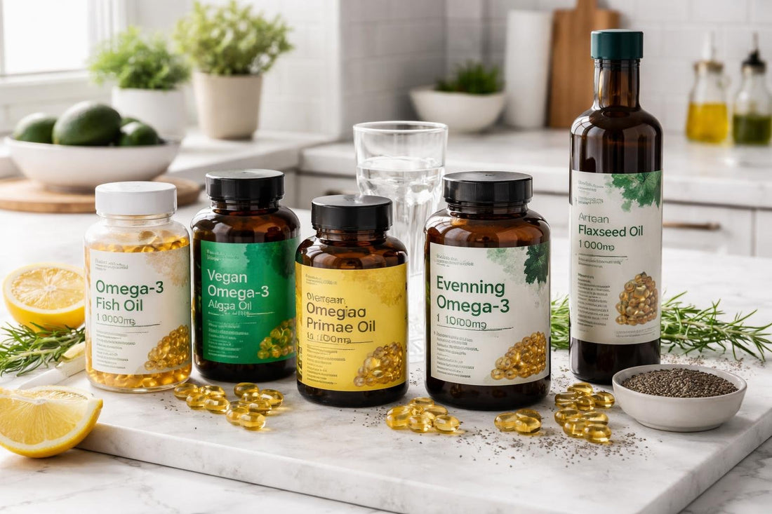 assorted essential fatty acid supplement bottles and capsules
