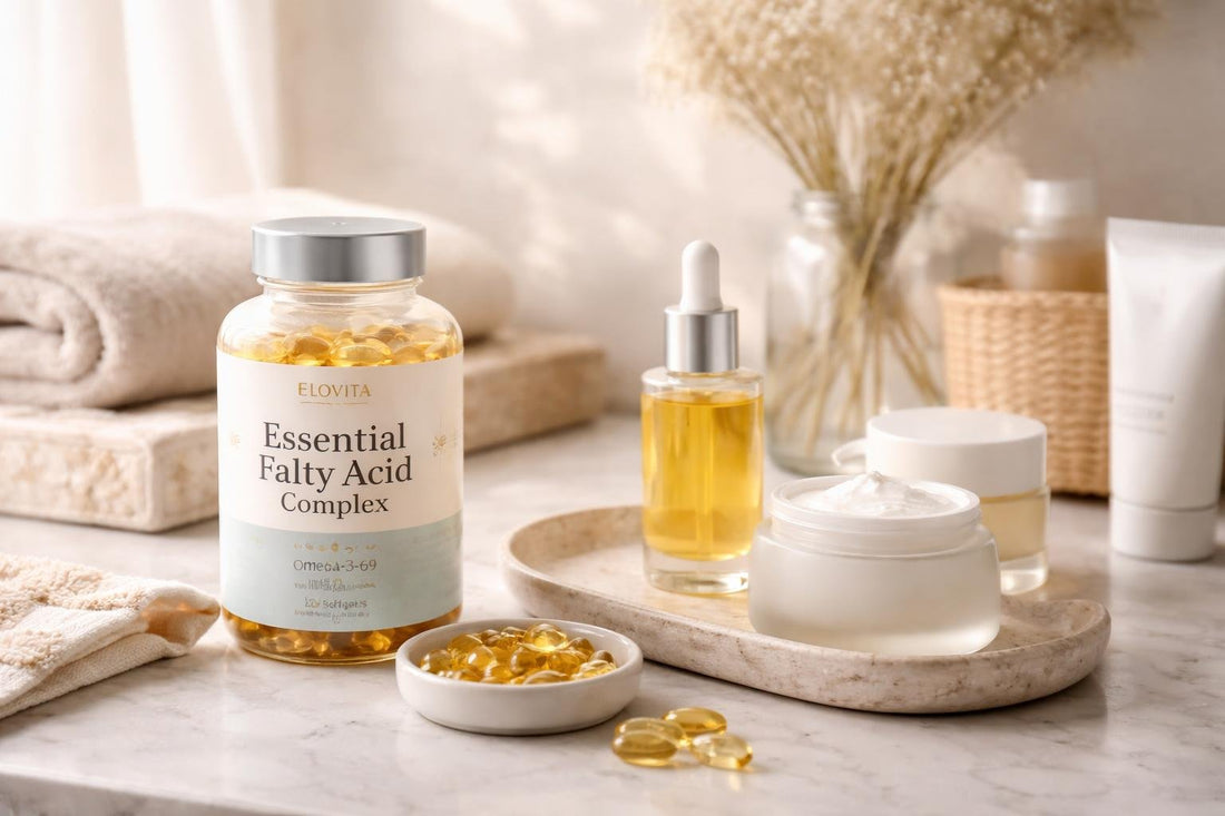 bottle of essential fatty acid supplements and moisturiser