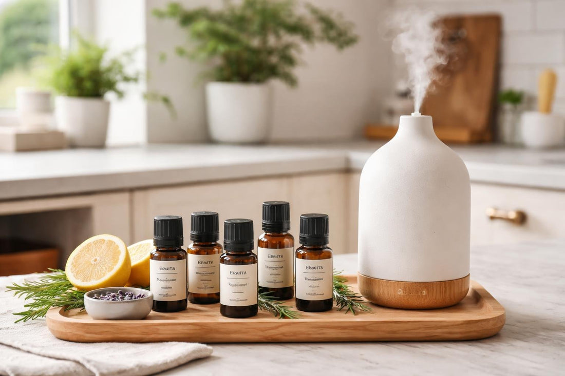 Essential oil blends arranged beside a home diffuser
