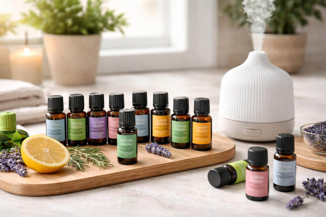 Assorted essential oil bottles and diffuser