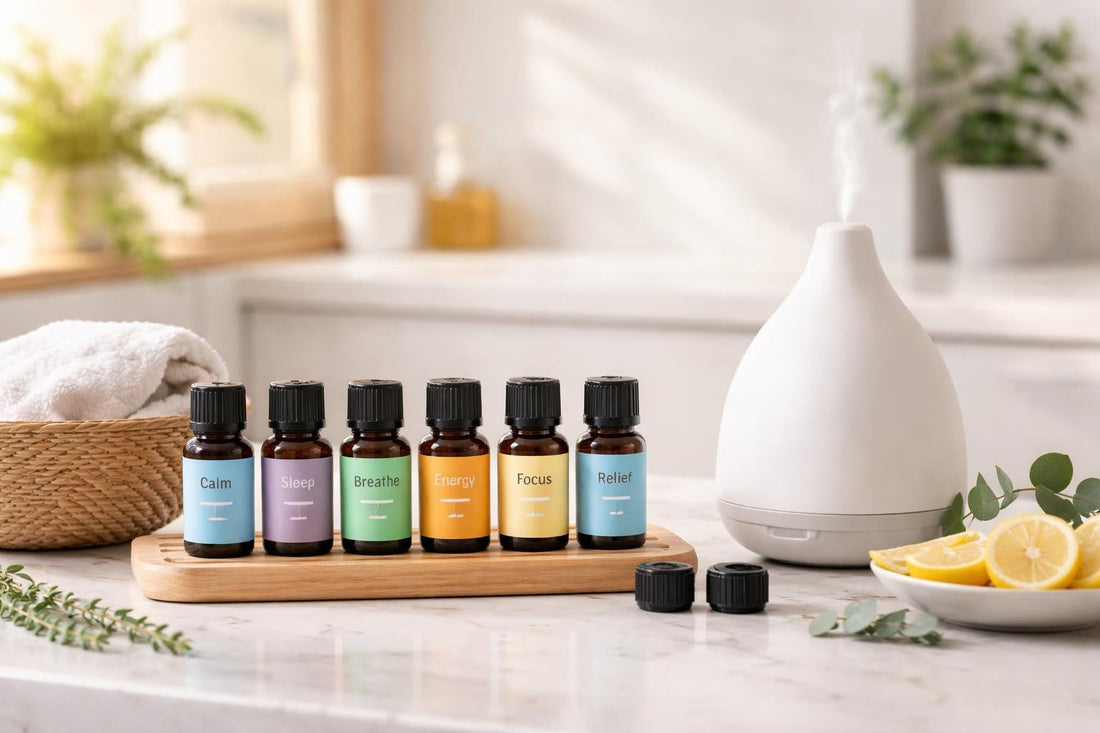 essential oil blends collection bottles and diffuser
